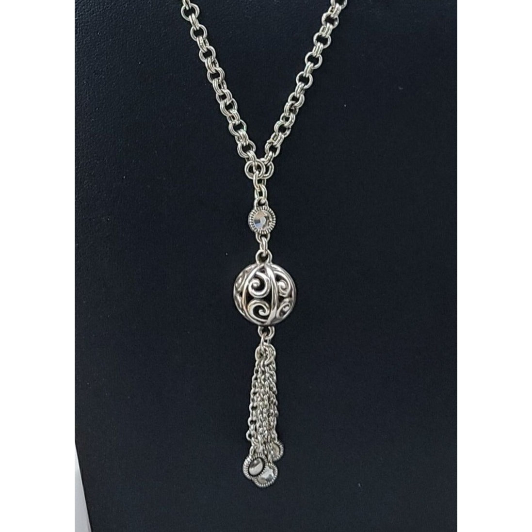 Brighton Venetian Dreams Necklace Silver Tone Filigree Ball Tassel Crystal Accent