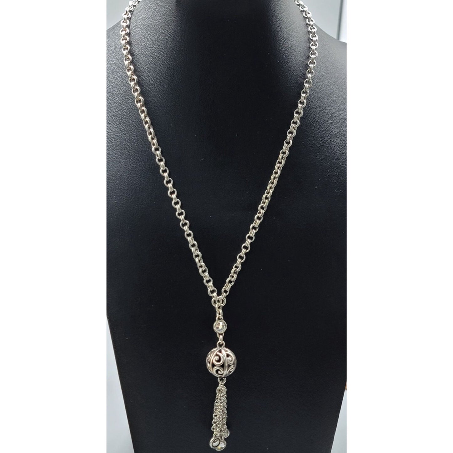 Brighton Venetian Dreams Necklace Silver Tone Filigree Ball Tassel Crystal Accent