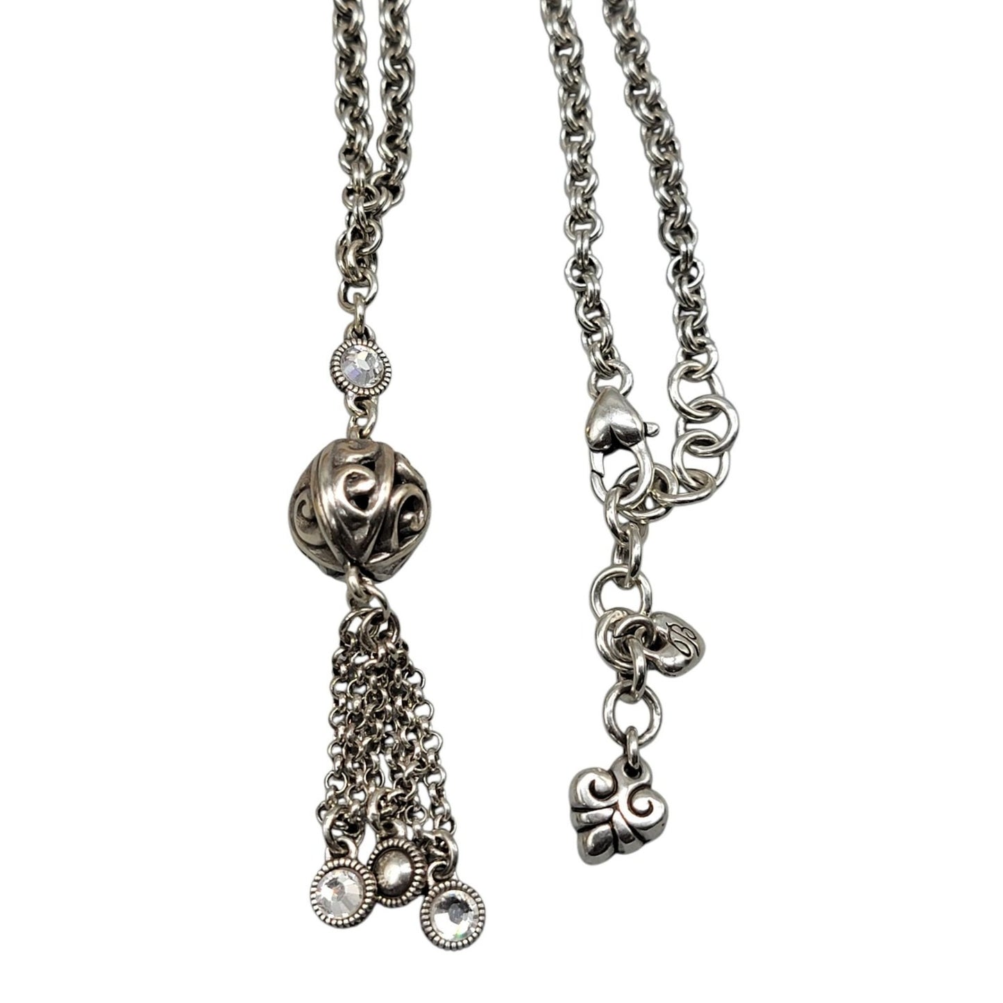 Brighton Venetian Dreams Necklace Silver Tone Filigree Ball Tassel Crystal Accent