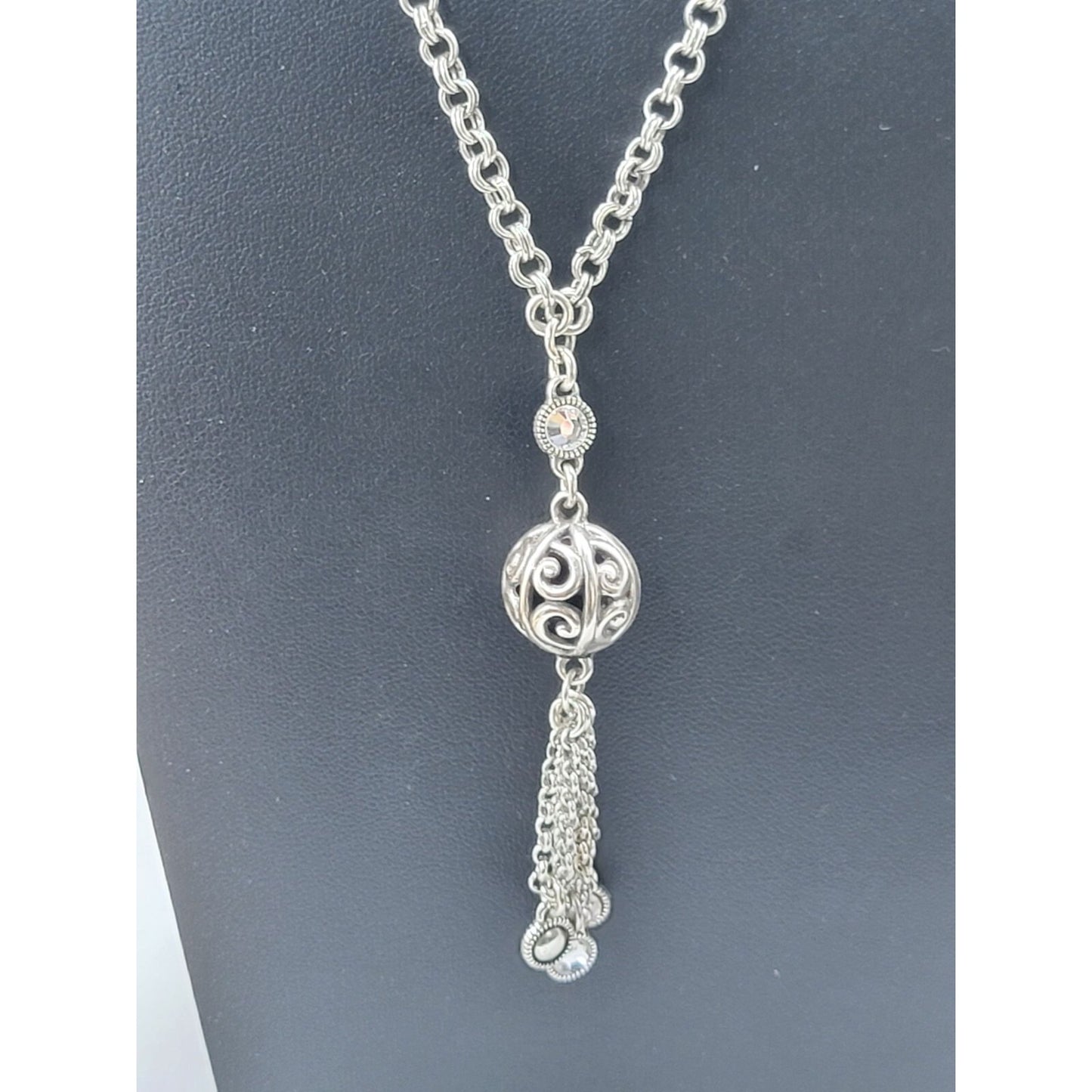 Brighton Venetian Dreams Necklace Silver Tone Filigree Ball Tassel Crystal Accent