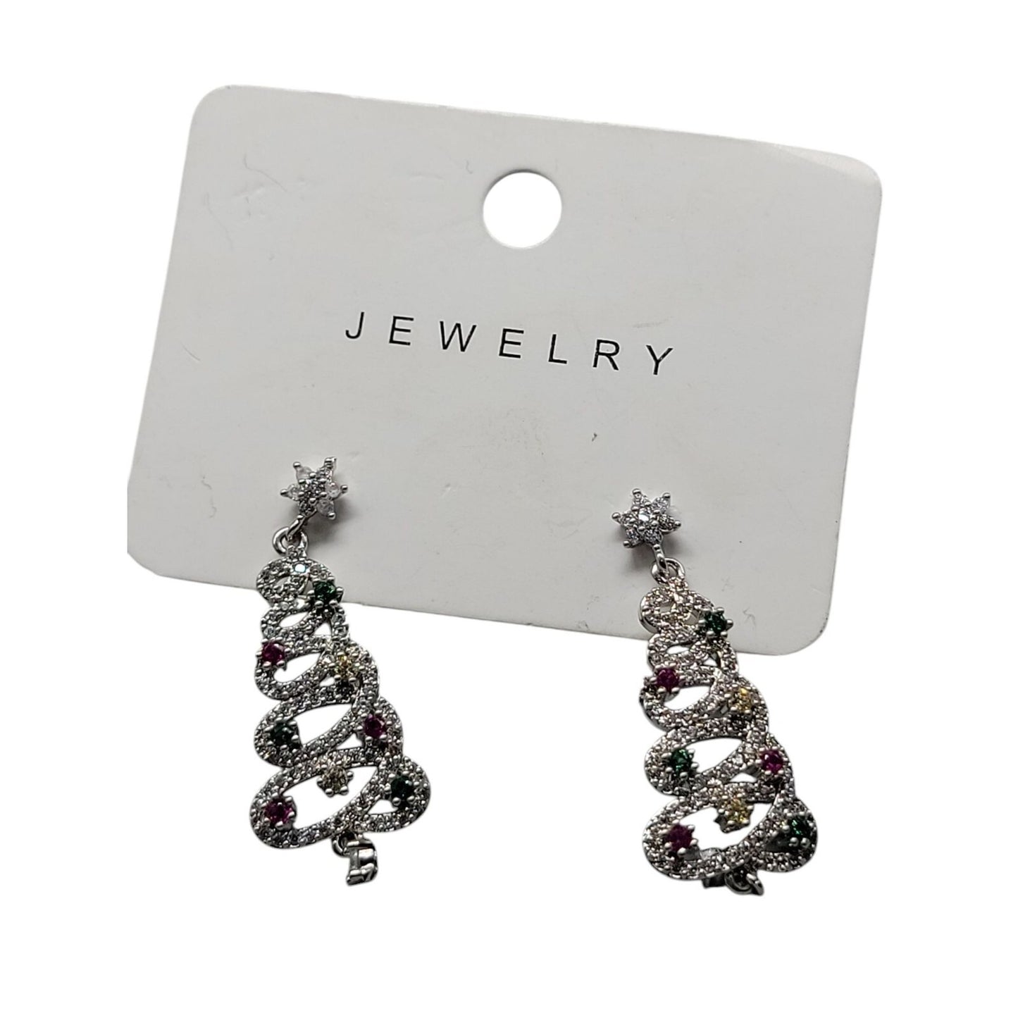 Crystal Christmas Tree Dangling Earrings Silver Tone Post Clear Red & Green