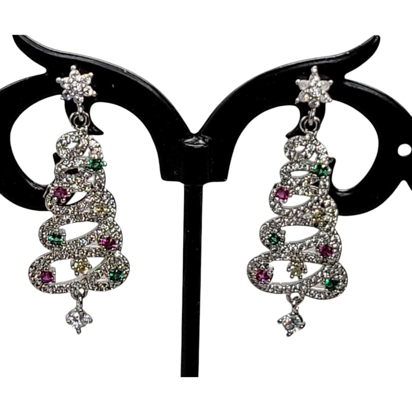 Crystal Christmas Tree Dangling Earrings Silver Tone Post Clear Red & Green