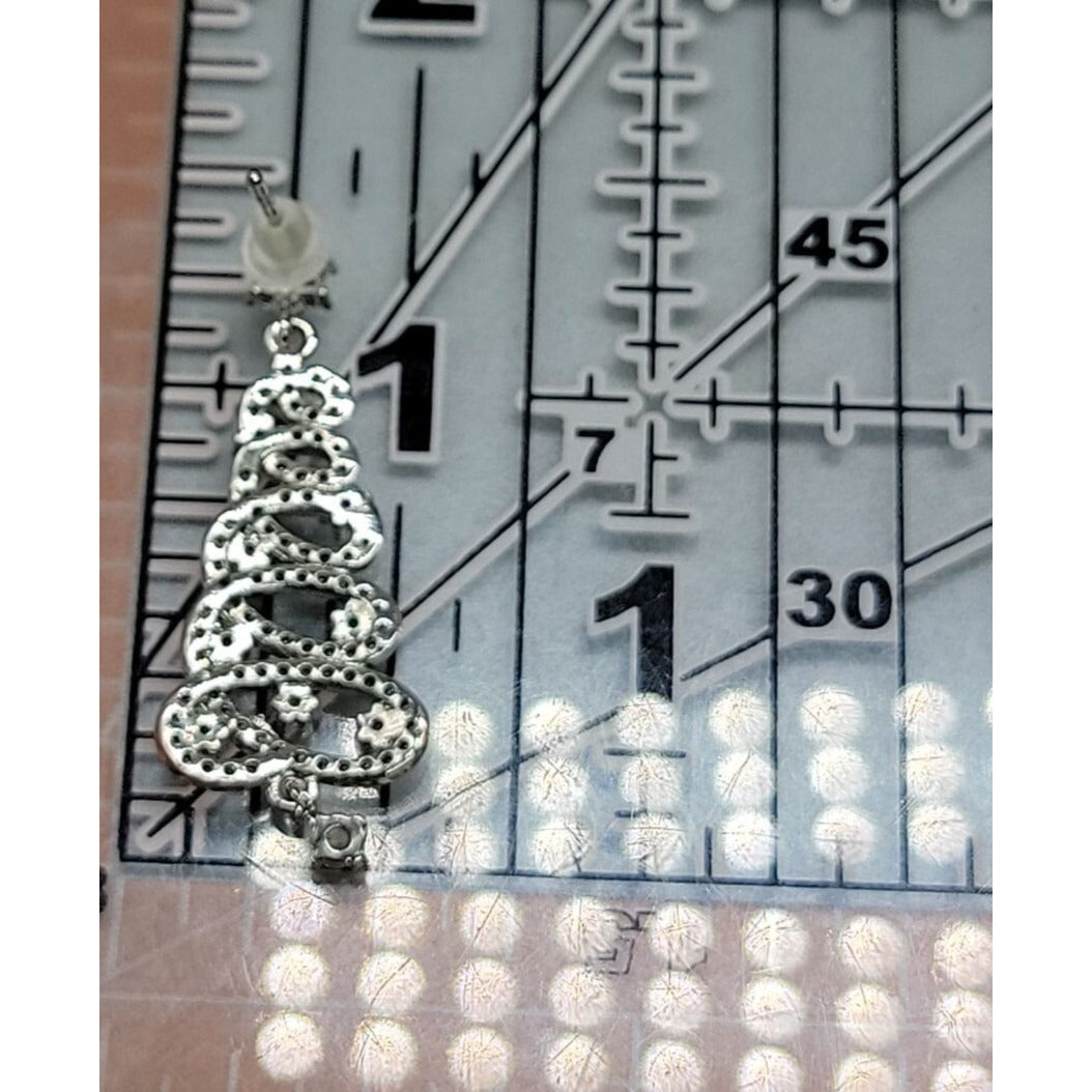 Crystal Christmas Tree Dangling Earrings Silver Tone Post Clear Red & Green
