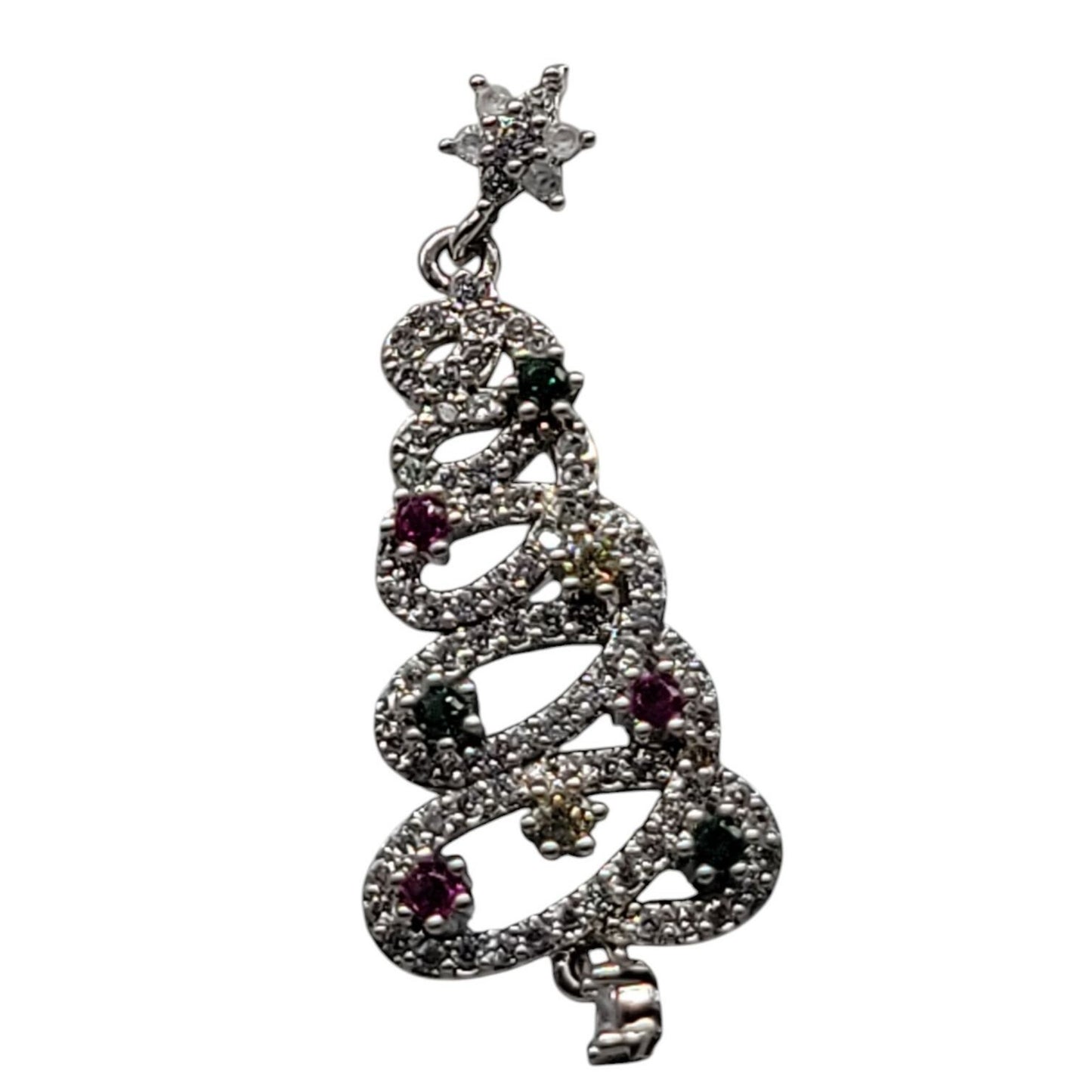 Crystal Christmas Tree Dangling Earrings Silver Tone Post Clear Red & Green