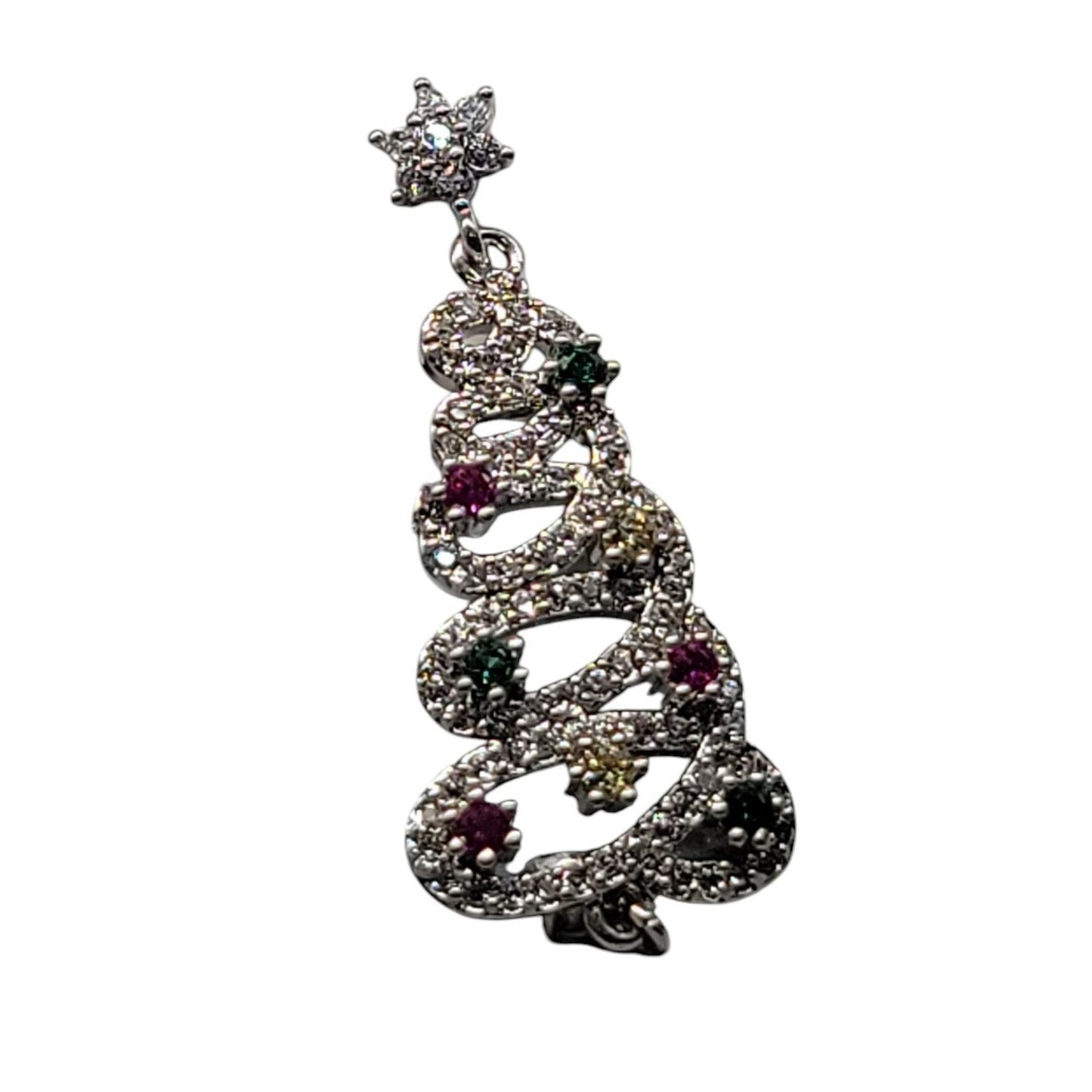 Crystal Christmas Tree Dangling Earrings Silver Tone Post Clear Red & Green