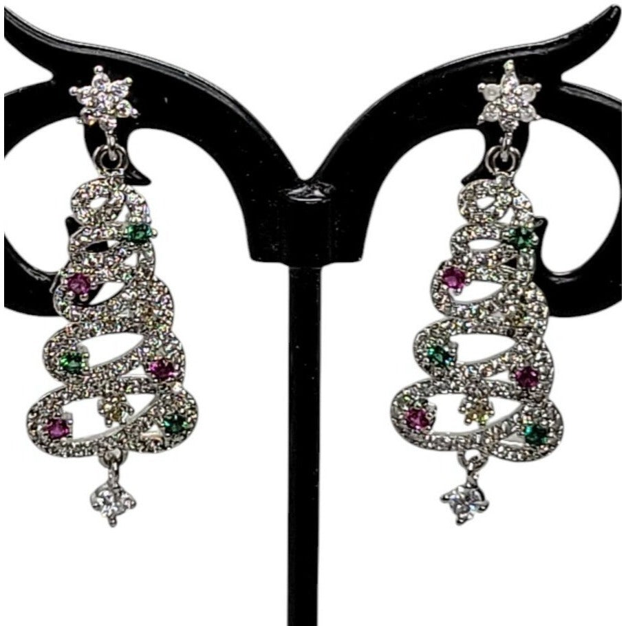 Crystal Christmas Tree Dangling Earrings Silver Tone Post Clear Red & Green