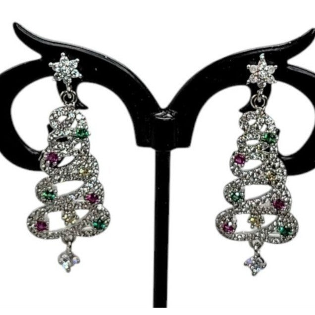 Crystal Christmas Tree Dangling Earrings Silver Tone Post Clear Red & Green