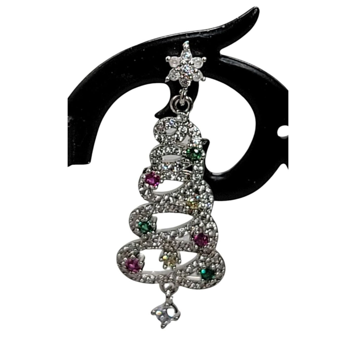 Crystal Christmas Tree Dangling Earrings Silver Tone Post Clear Red & Green