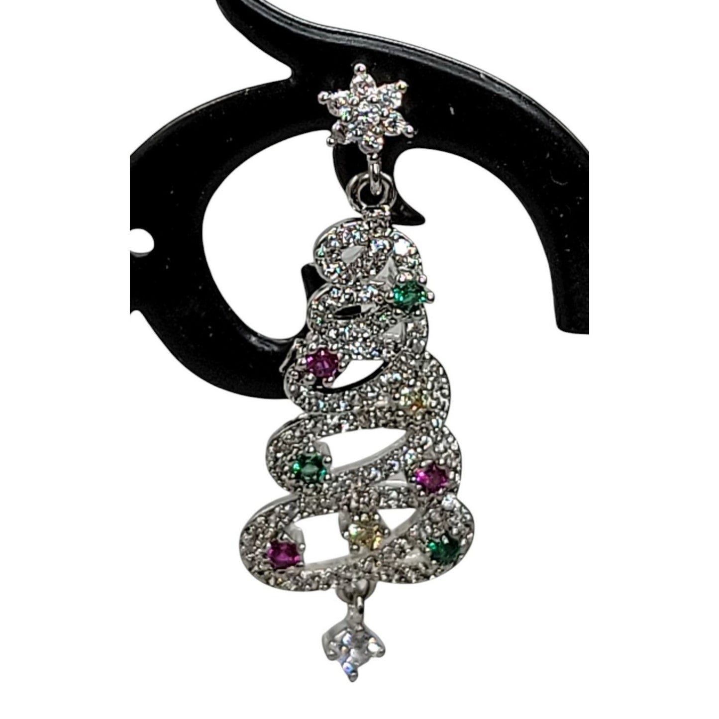 Crystal Christmas Tree Dangling Earrings Silver Tone Post Clear Red & Green