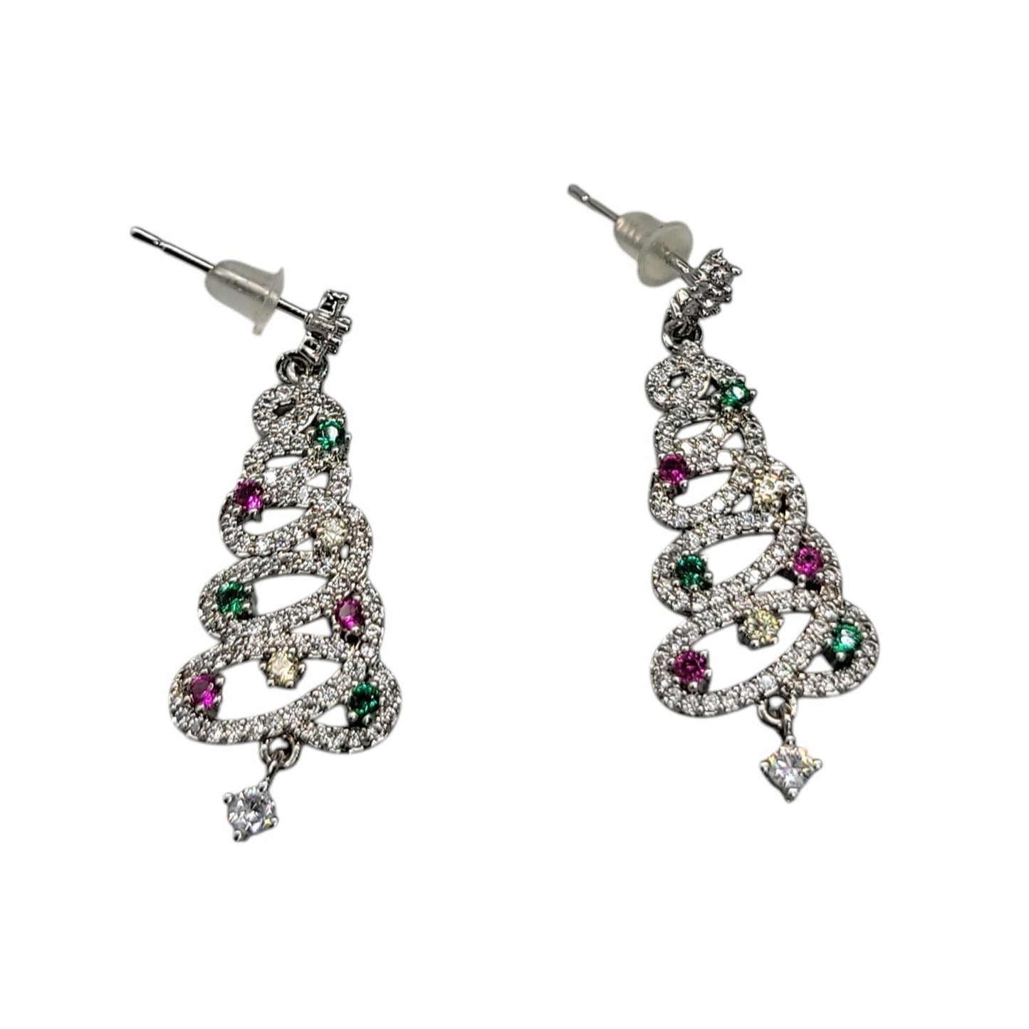 Crystal Christmas Tree Dangling Earrings Silver Tone Post Clear Red & Green