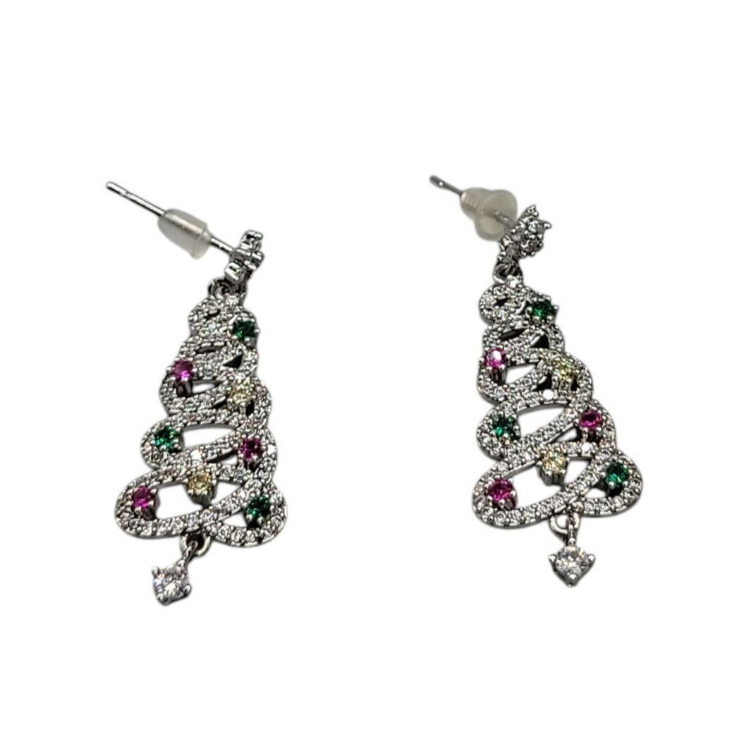 Crystal Christmas Tree Dangling Earrings Silver Tone Post Clear Red & Green