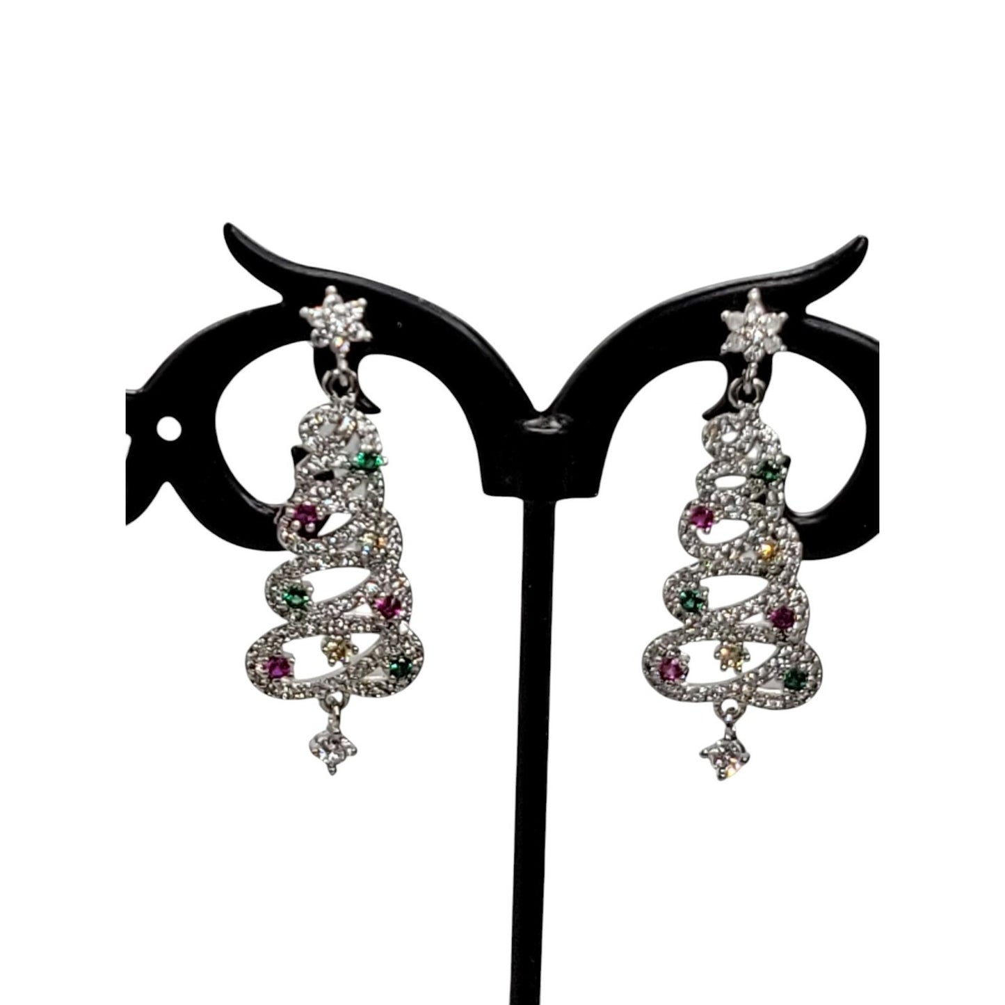 Crystal Christmas Tree Dangling Earrings Silver Tone Post Clear Red & Green