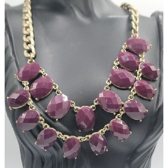 Boho Style Bib Necklace Dark Purple Faceted Faux Gems Flat Link Chain Statement