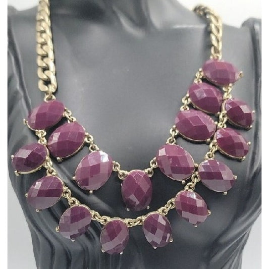 Boho Style Bib Necklace Dark Purple Faceted Faux Gems Flat Link Chain Statement