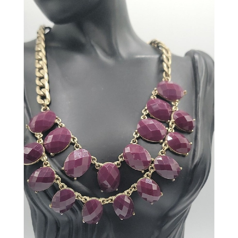 Boho Style Bib Necklace Dark Purple Faceted Faux Gems Flat Link Chain Statement