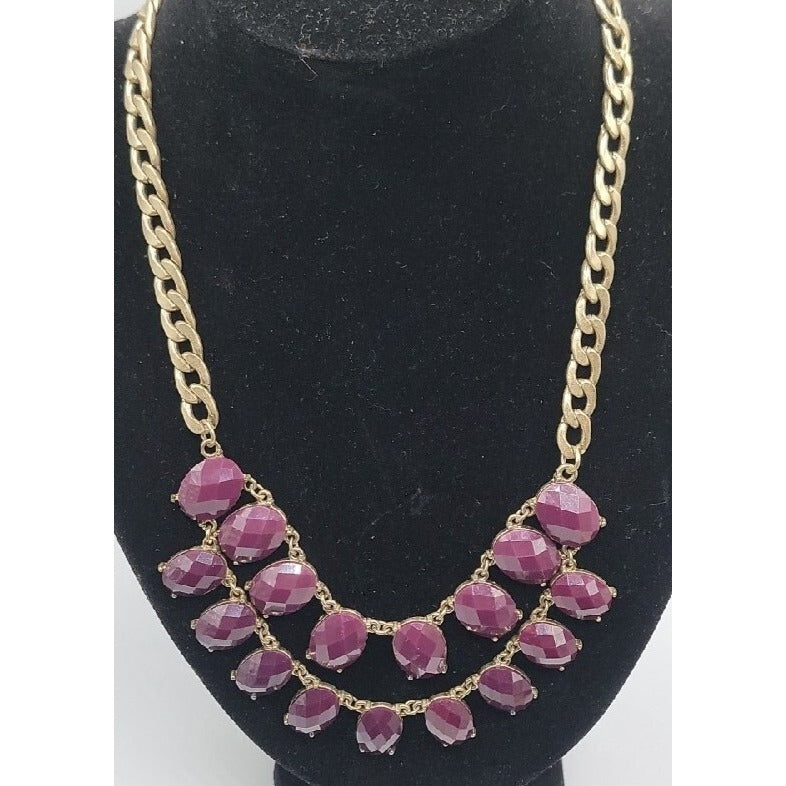 Boho Style Bib Necklace Dark Purple Faceted Faux Gems Flat Link Chain Statement