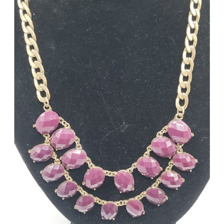 Boho Style Bib Necklace Dark Purple Faceted Faux Gems Flat Link Chain Statement