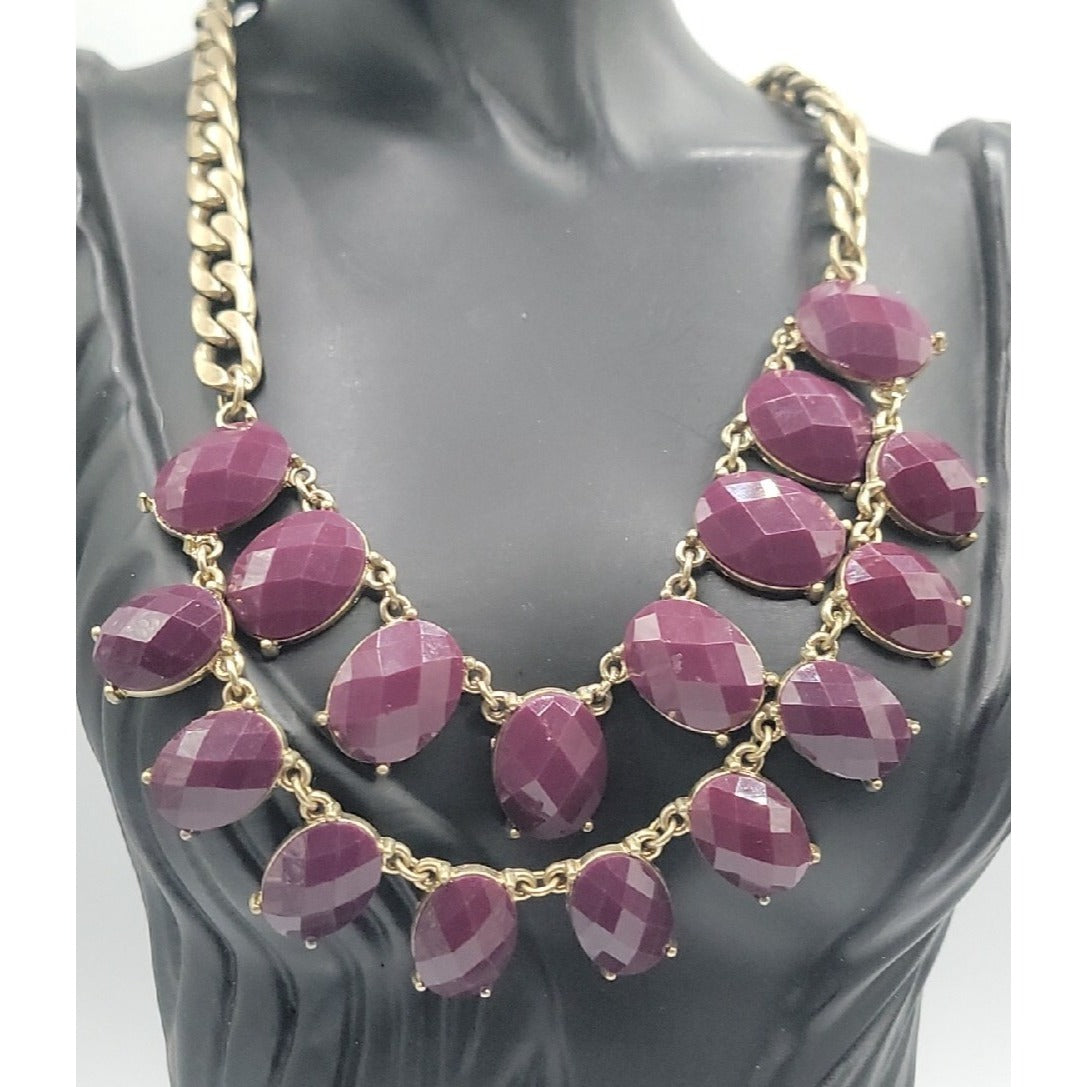 Boho Style Bib Necklace Dark Purple Faceted Faux Gems Flat Link Chain Statement