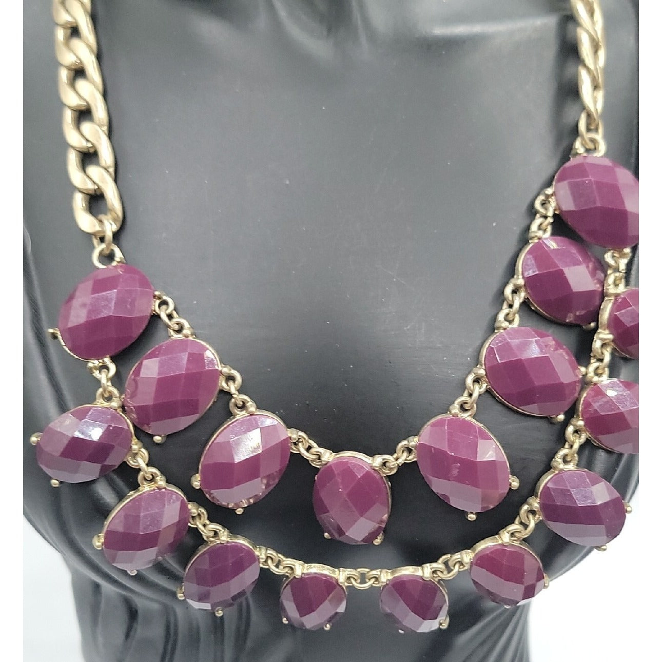 Boho Style Bib Necklace Dark Purple Faceted Faux Gems Flat Link Chain Statement