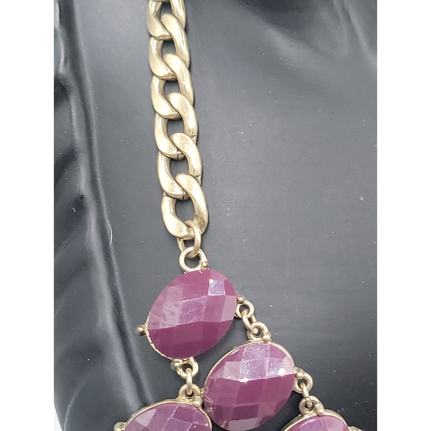 Boho Style Bib Necklace Dark Purple Faceted Faux Gems Flat Link Chain Statement