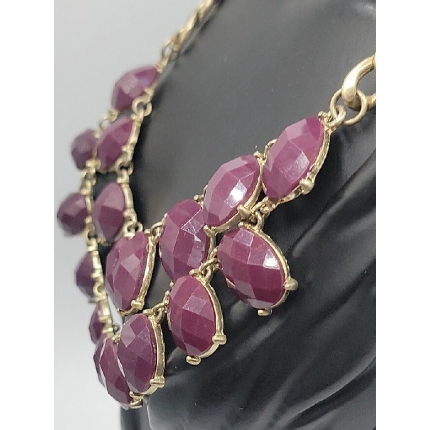 Boho Style Bib Necklace Dark Purple Faceted Faux Gems Flat Link Chain Statement