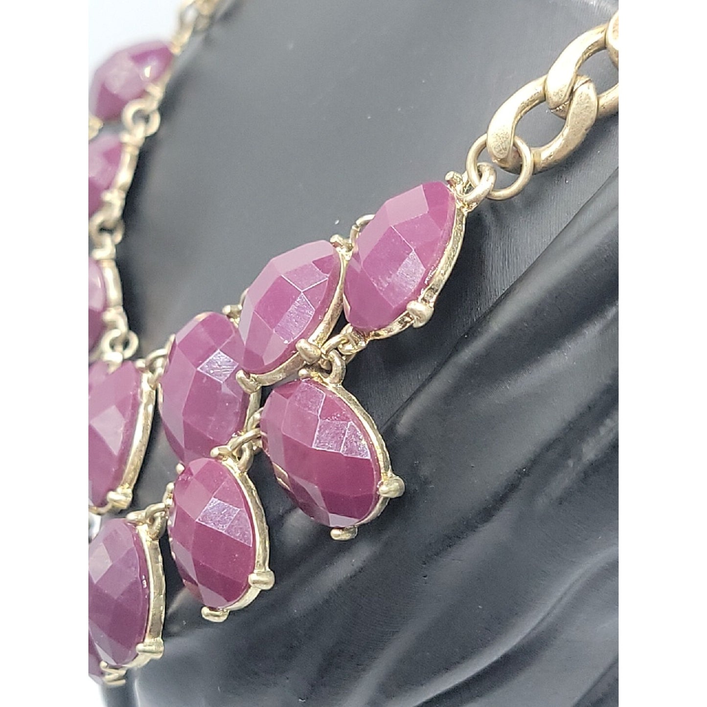 Boho Style Bib Necklace Dark Purple Faceted Faux Gems Flat Link Chain Statement