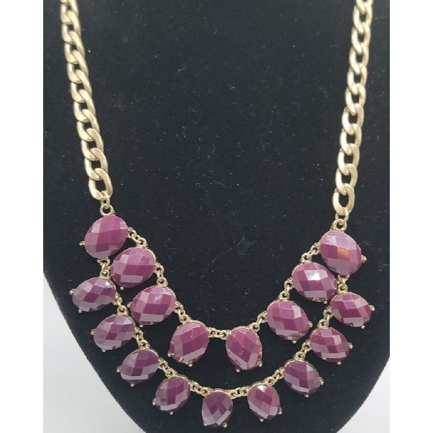 Boho Style Bib Necklace Dark Purple Faceted Faux Gems Flat Link Chain Statement