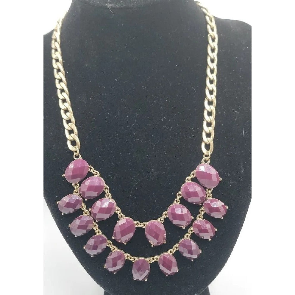 Boho Style Bib Necklace Dark Purple Faceted Faux Gems Flat Link Chain Statement