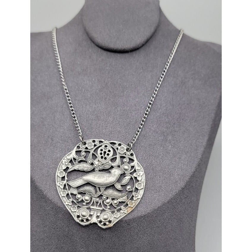 Vintage Bird Floral Pendant Silver Tone Filigree Open-Work Design 18" Chain