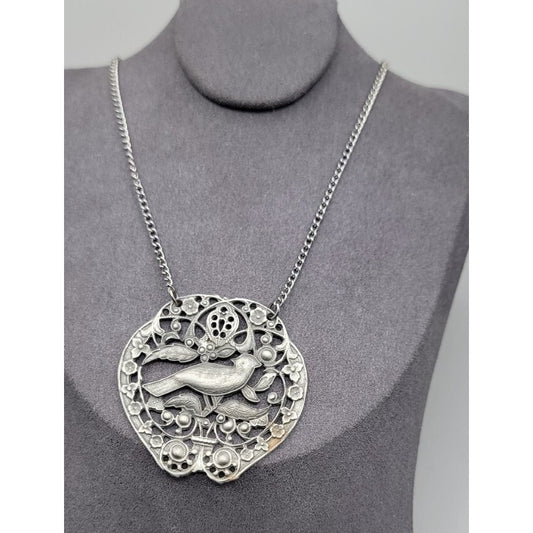 Vintage Bird Floral Pendant Silver Tone Filigree Open-Work Design 18" Chain