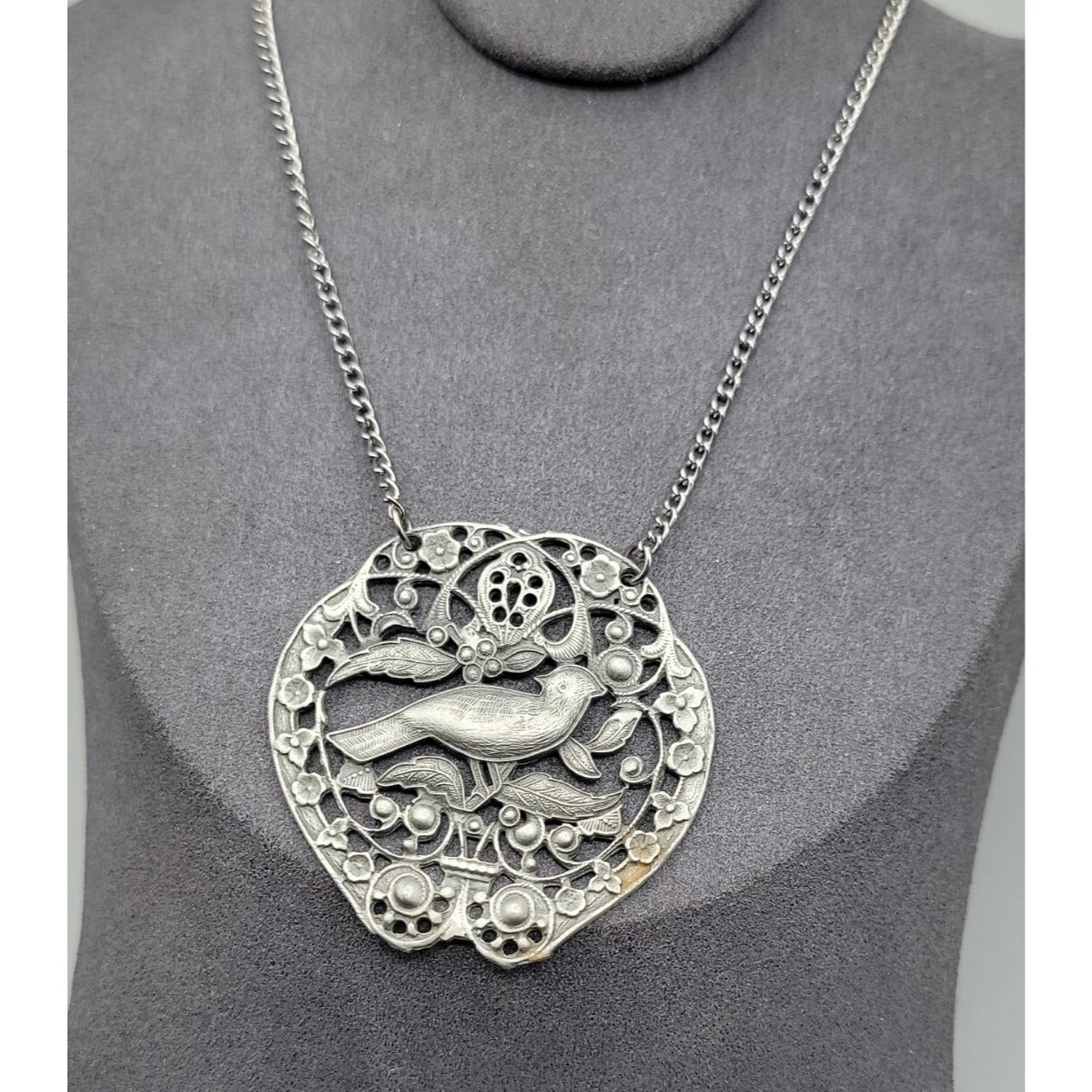 Vintage Bird Floral Pendant Silver Tone Filigree Open-Work Design 18" Chain