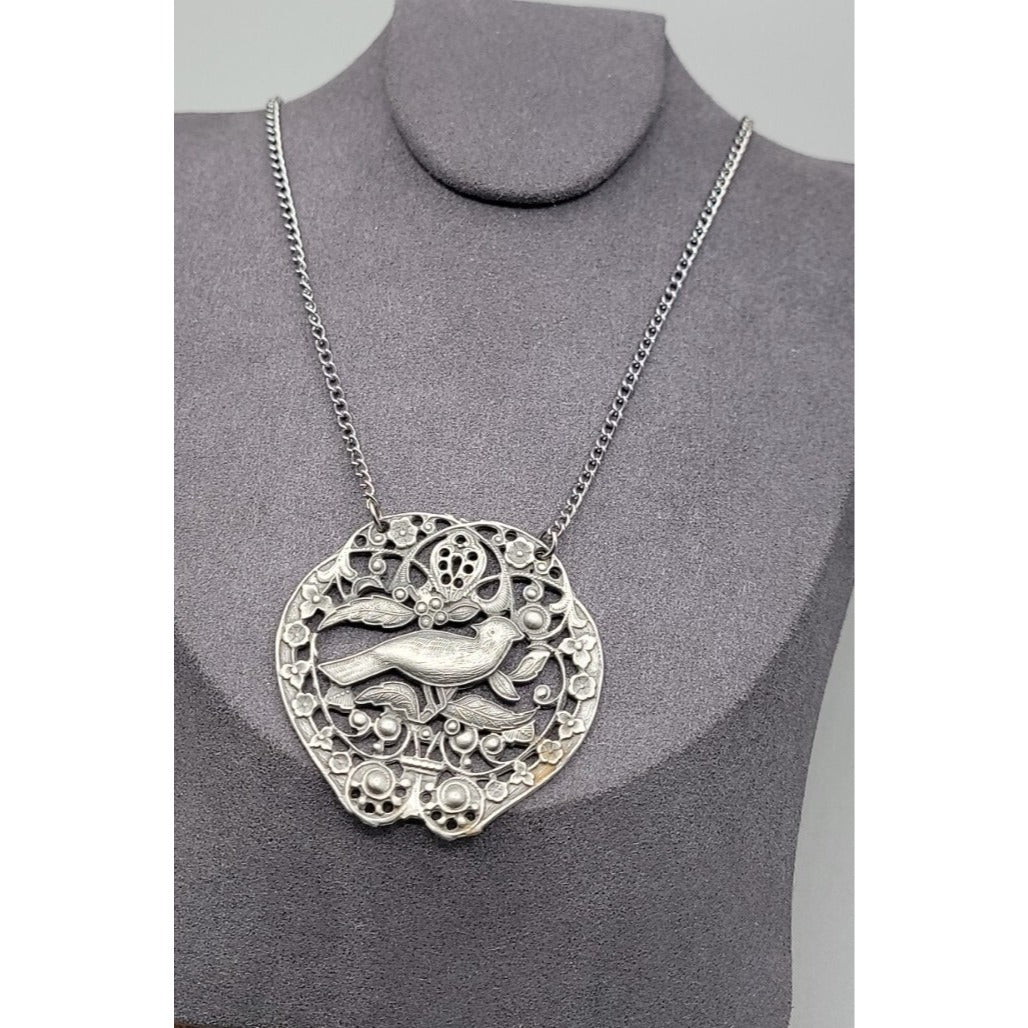 Vintage Bird Floral Pendant Silver Tone Filigree Open-Work Design 18" Chain