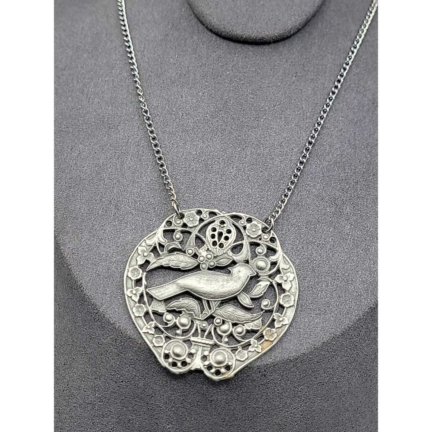 Vintage Bird Floral Pendant Silver Tone Filigree Open-Work Design 18" Chain
