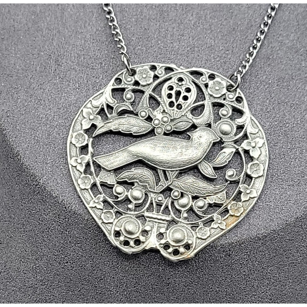 Vintage Bird Floral Pendant Silver Tone Filigree Open-Work Design 18" Chain