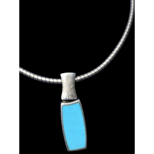 GU Sterling Silver Turquoise Cable Necklace With Pendant Light Blue Gemstone 16"