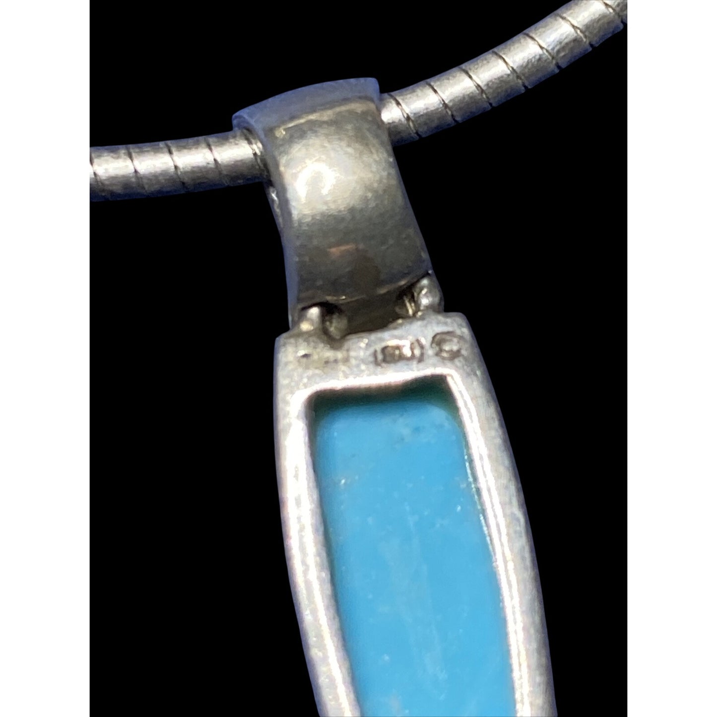 GU Sterling Silver Turquoise Cable Necklace With Pendant Light Blue Gemstone 16"
