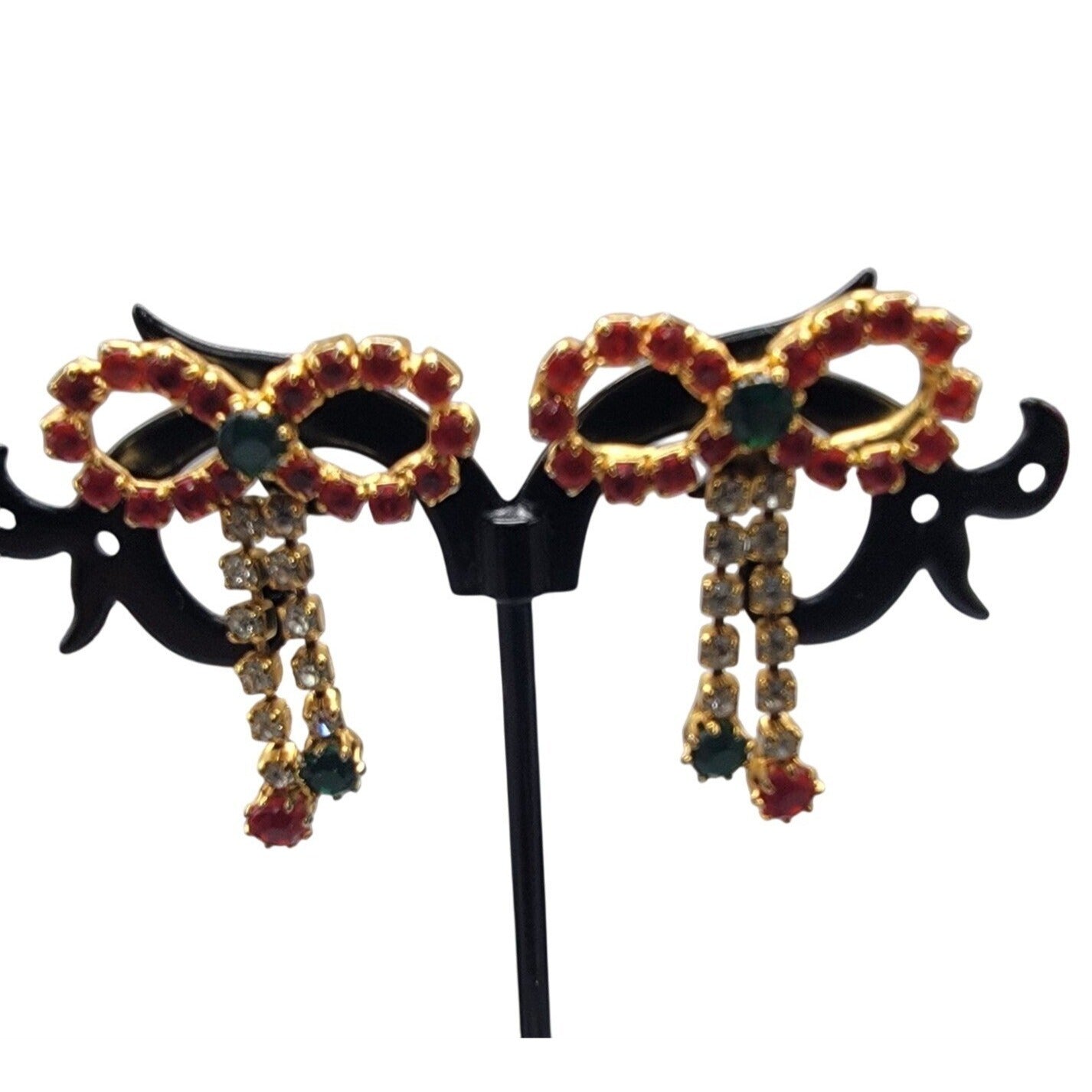 Vintage Rhinestone Christmas Bow Post Earrings for Pierced Ears Dangling
