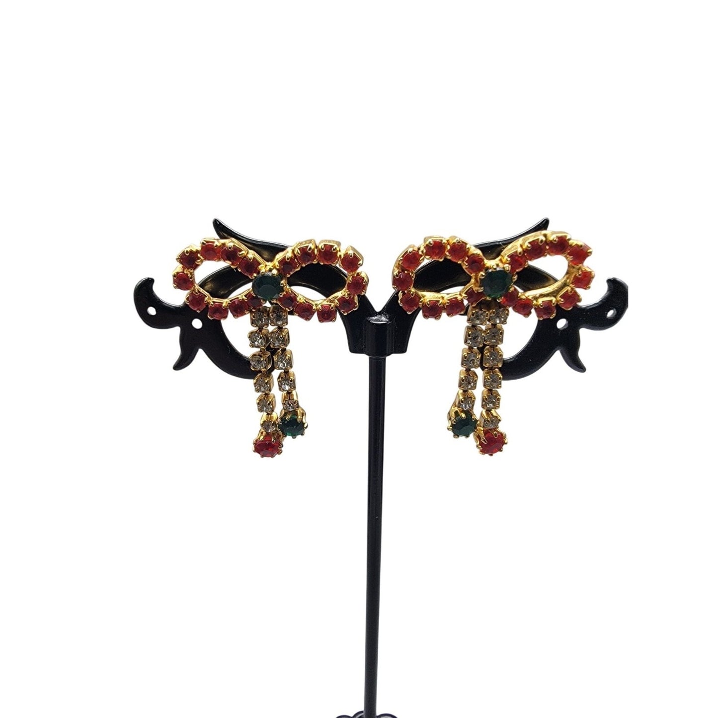 Vintage Rhinestone Christmas Bow Post Earrings for Pierced Ears Dangling