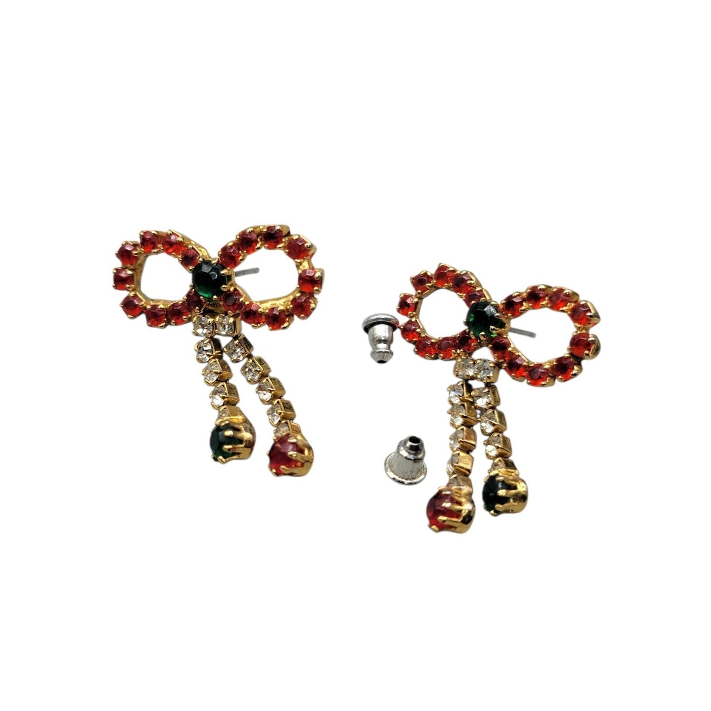 Vintage Rhinestone Christmas Bow Post Earrings for Pierced Ears Dangling