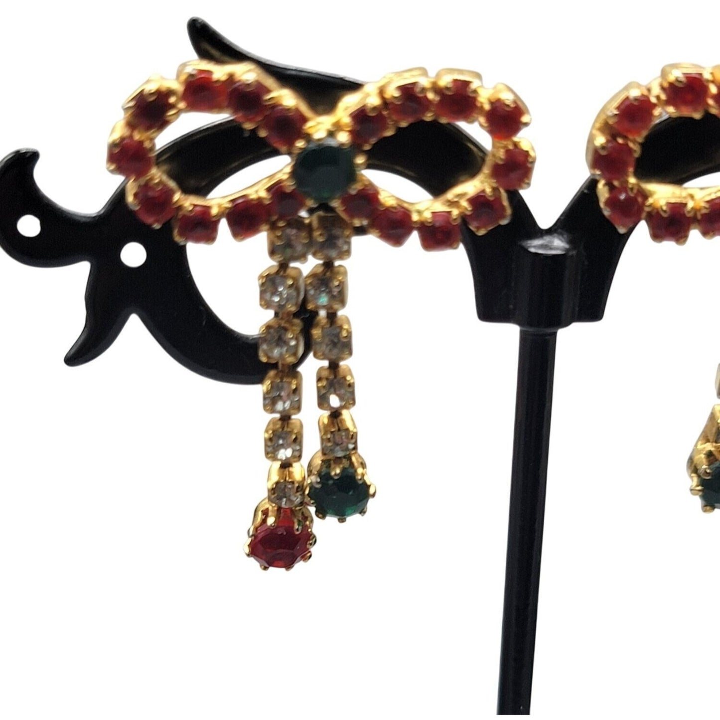 Vintage Rhinestone Christmas Bow Post Earrings for Pierced Ears Dangling