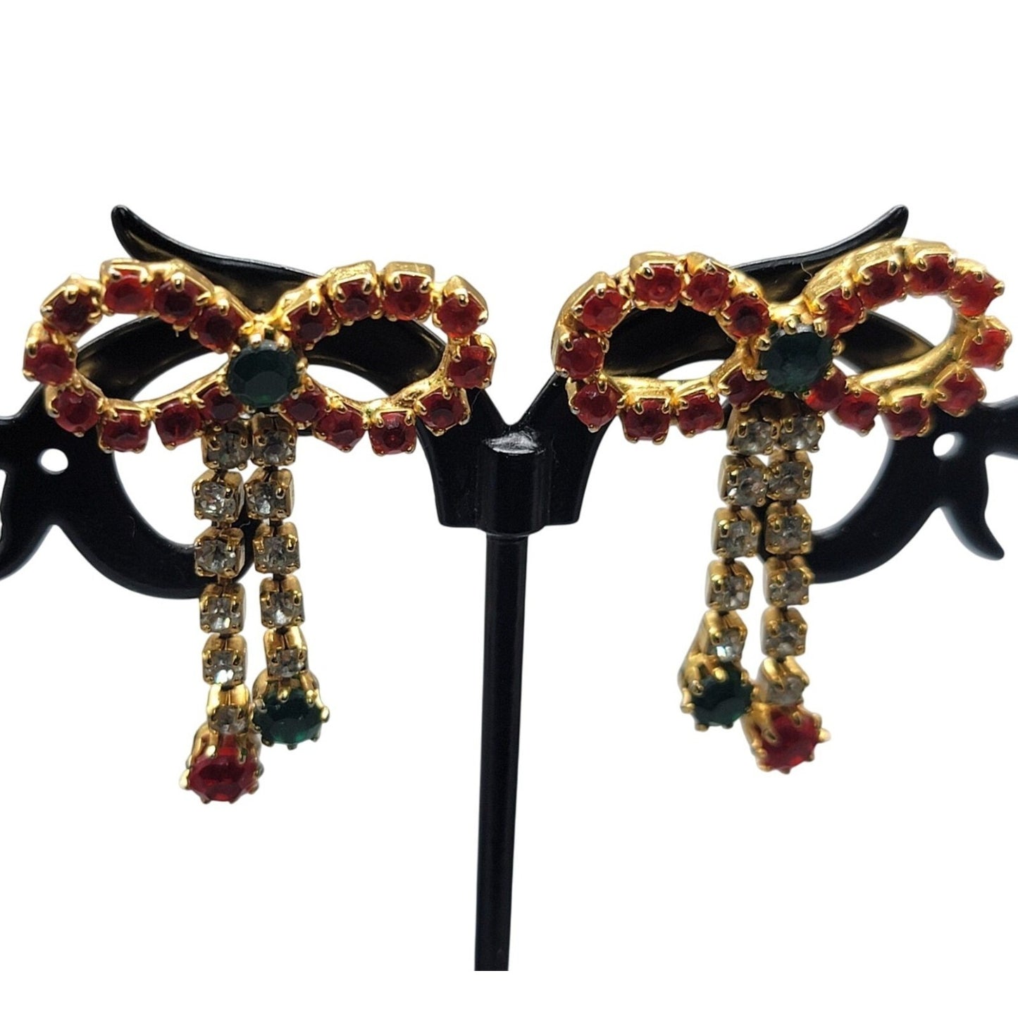 Vintage Rhinestone Christmas Bow Post Earrings for Pierced Ears Dangling