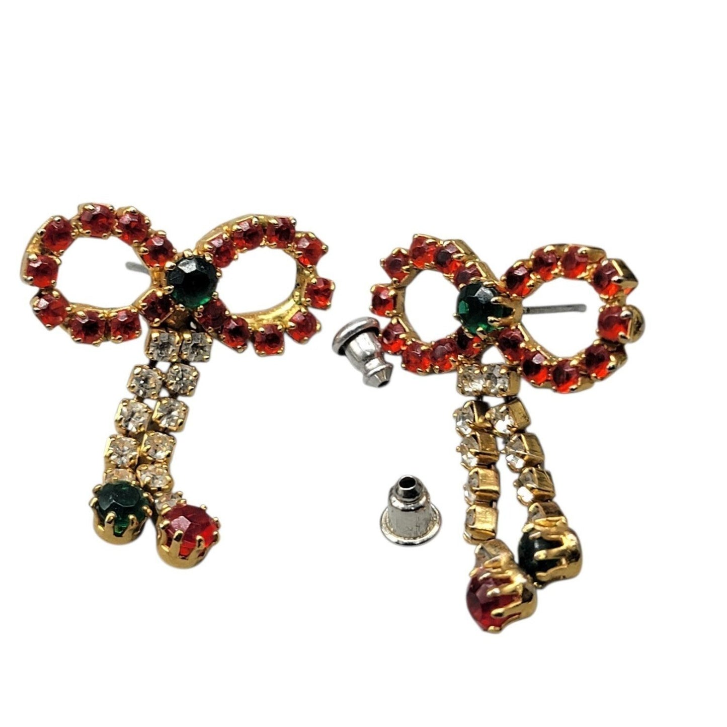 Vintage Rhinestone Christmas Bow Post Earrings for Pierced Ears Dangling