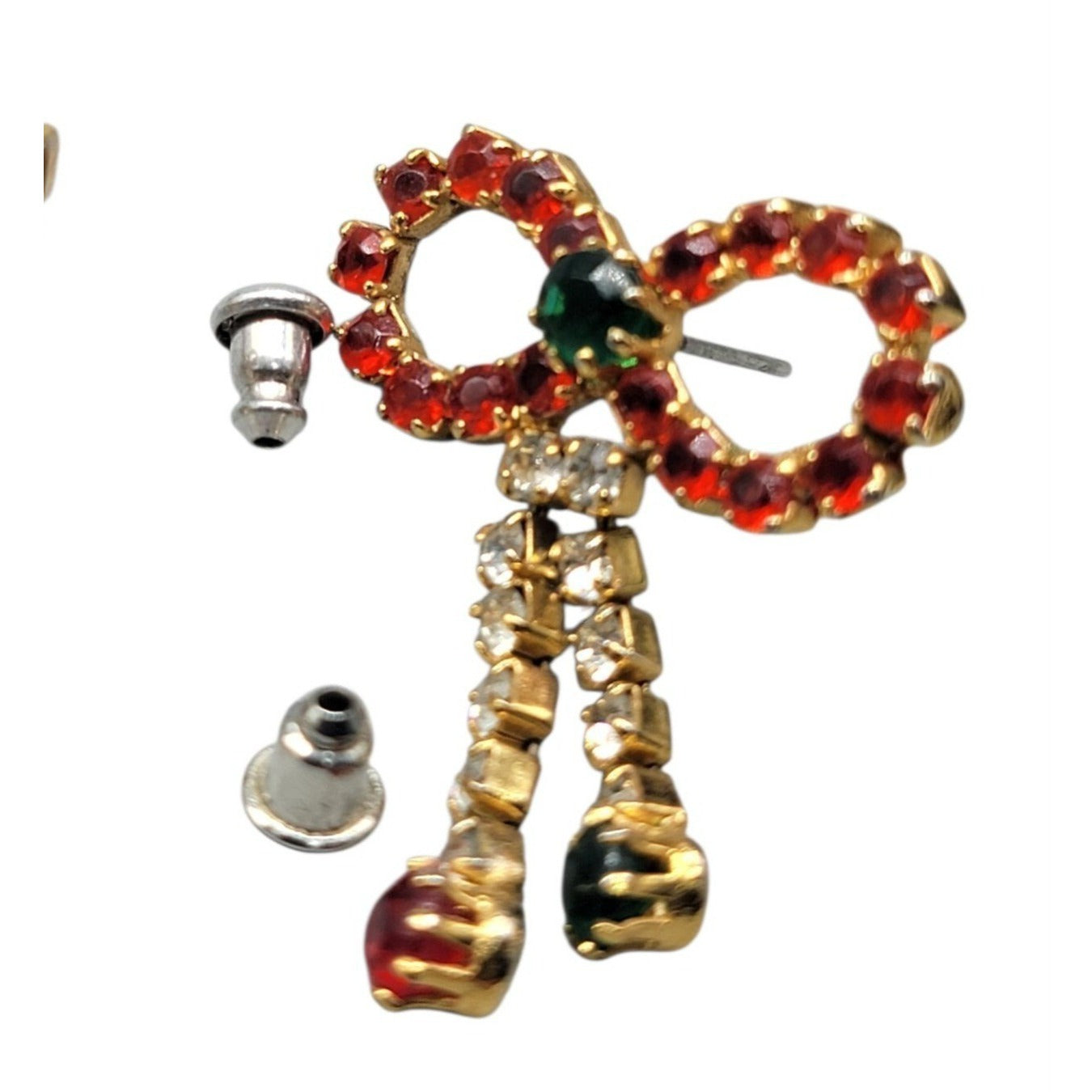Vintage Rhinestone Christmas Bow Post Earrings for Pierced Ears Dangling