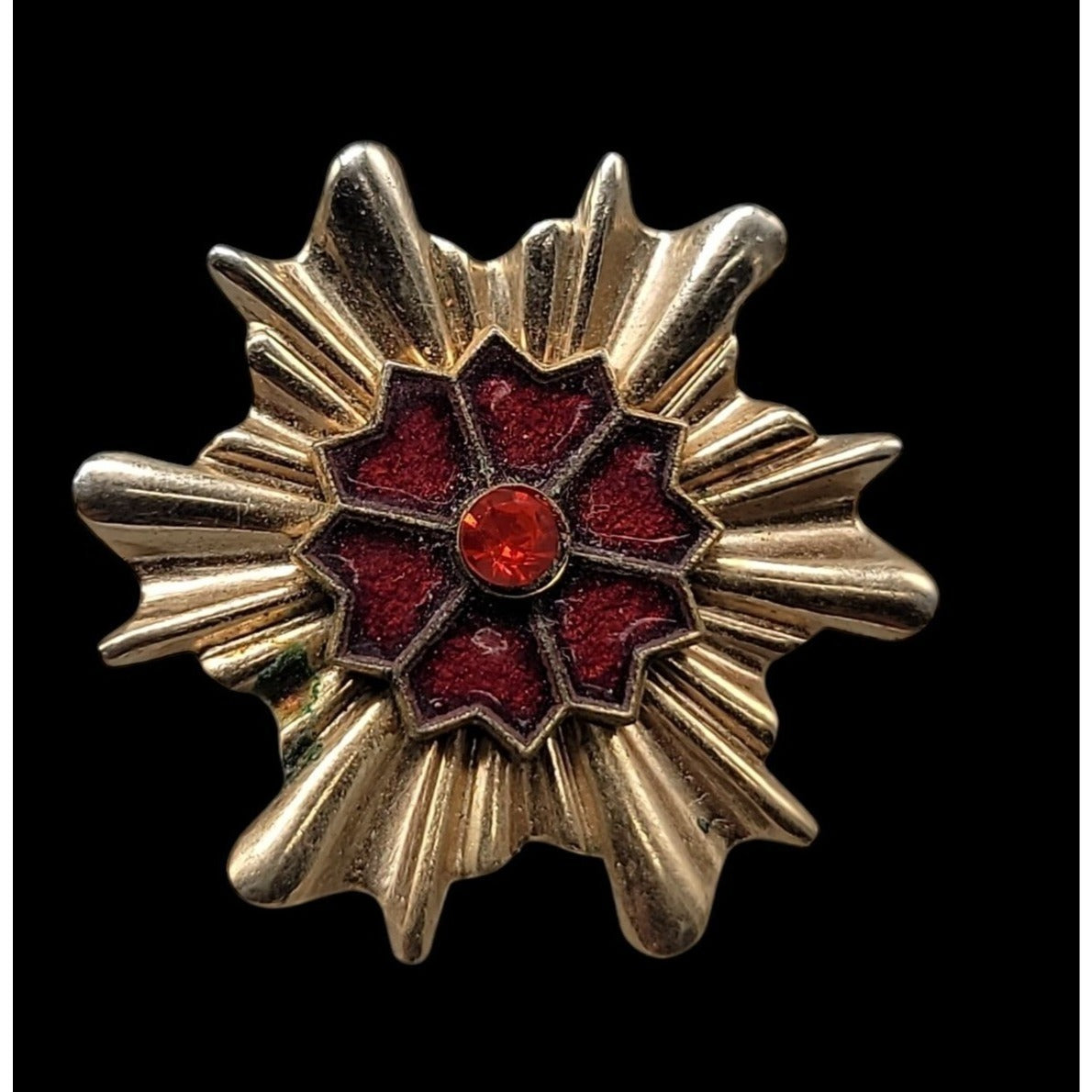 Vintage Maltese Cross Starburst Brooch Gold Tone Red Enamel Rhinestone Pin