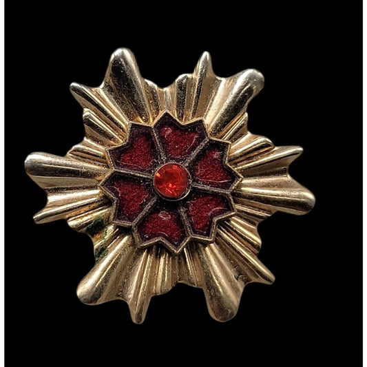 Vintage Maltese Cross Starburst Brooch Gold Tone Red Enamel Rhinestone Pin