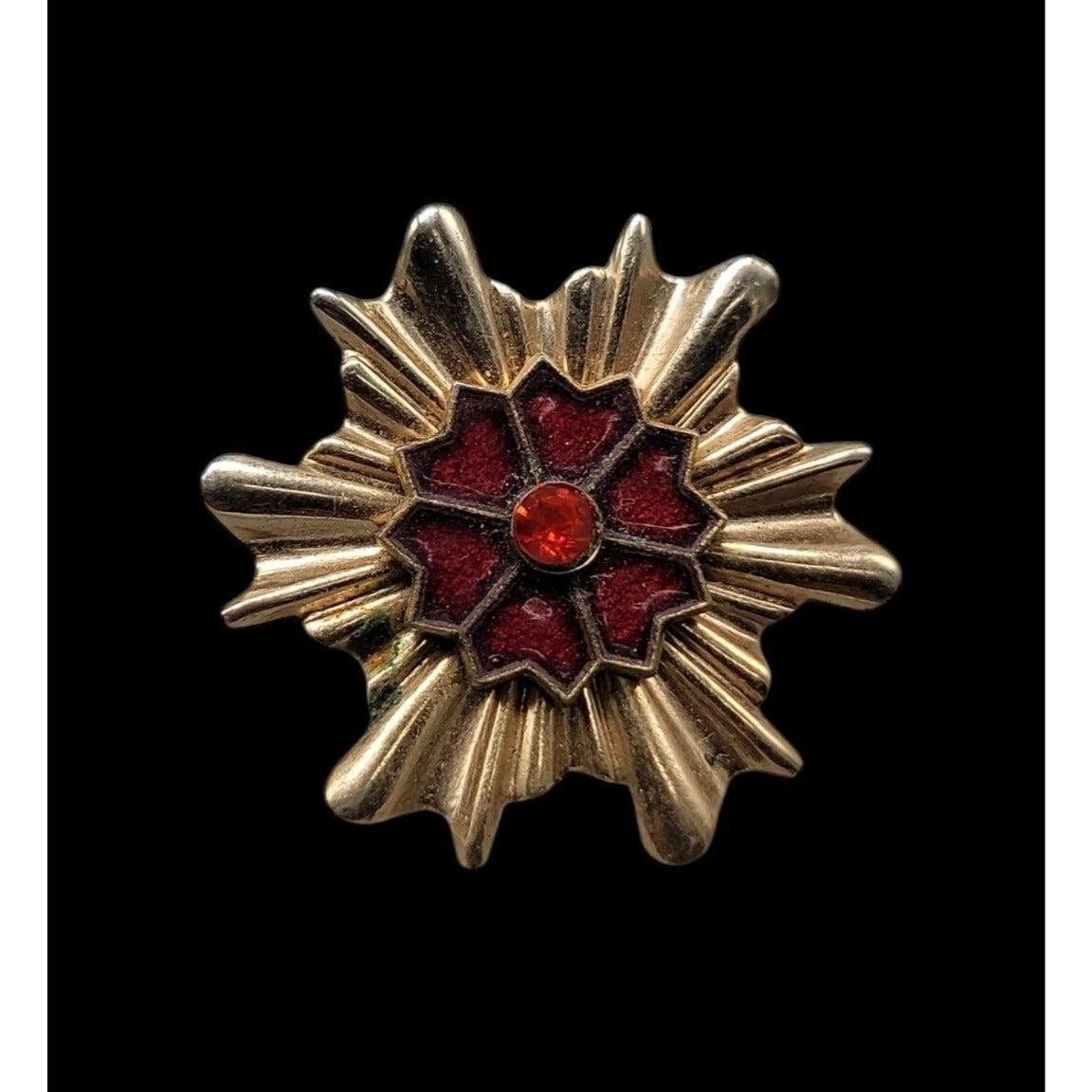 Vintage Maltese Cross Starburst Brooch Gold Tone Red Enamel Rhinestone Pin