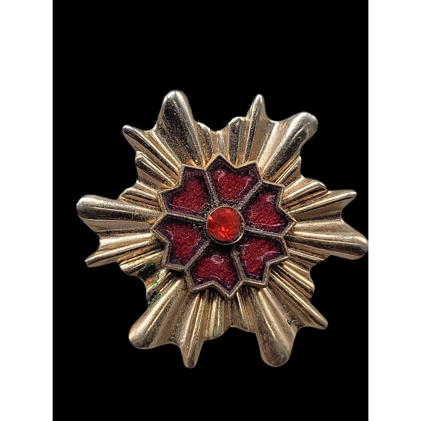 Vintage Maltese Cross Starburst Brooch Gold Tone Red Enamel Rhinestone Pin