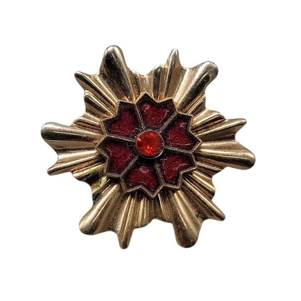 Vintage Maltese Cross Starburst Brooch Gold Tone Red Enamel Rhinestone Pin