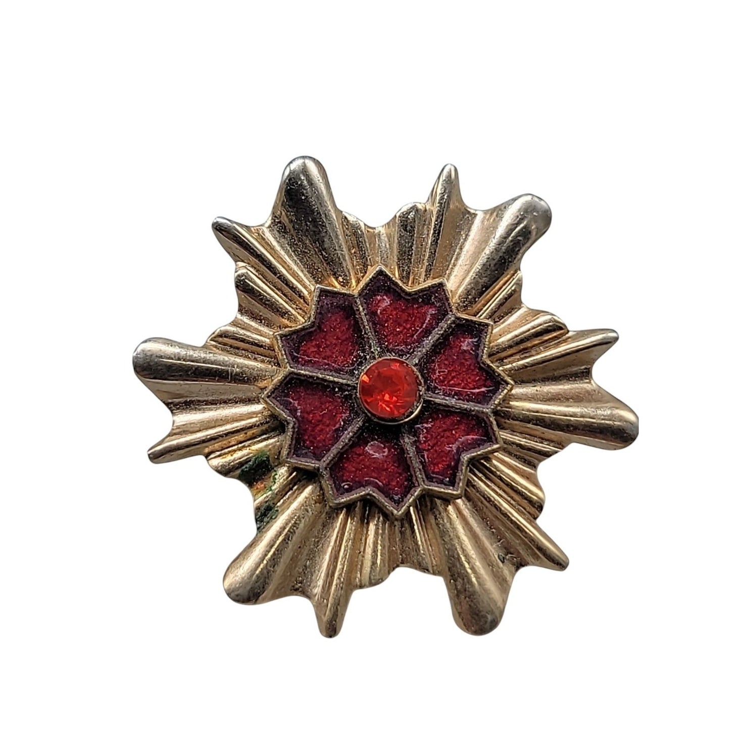 Vintage Maltese Cross Starburst Brooch Gold Tone Red Enamel Rhinestone Pin