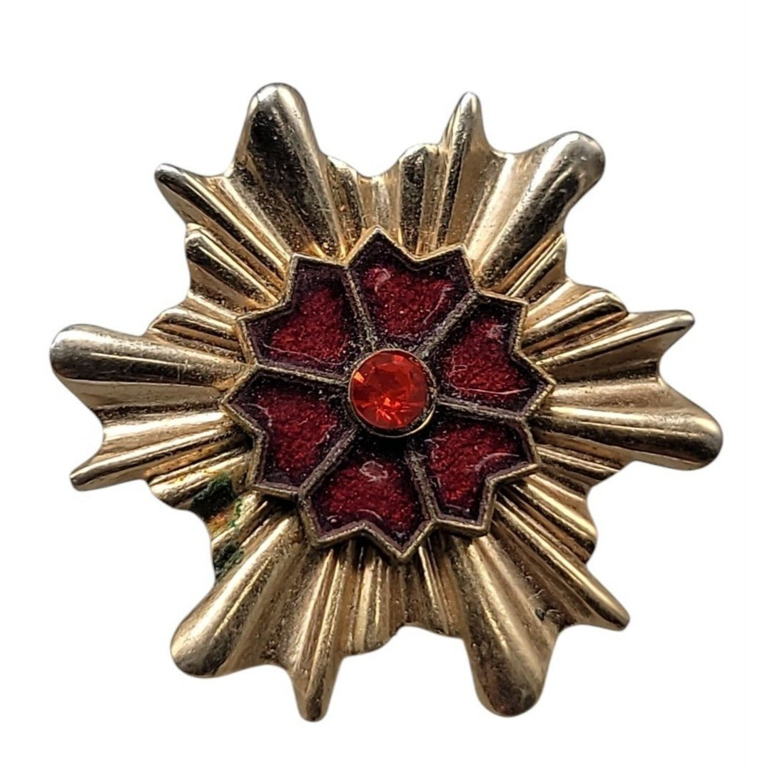 Vintage Maltese Cross Starburst Brooch Gold Tone Red Enamel Rhinestone Pin
